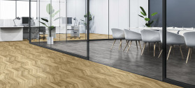 Modern wooden, concrete and glass meeting room interior with furniture and partitions. Workplace concept. 3D Rendering